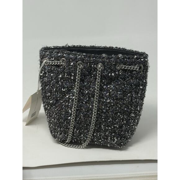 Tory Burch Will Metallic Tweed Small Drawstring Cross body Black chain bag - Picture 3 of 6